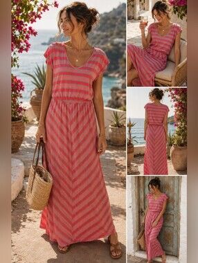 Puella Coral & Gray Striped Maxi Dress – Size M